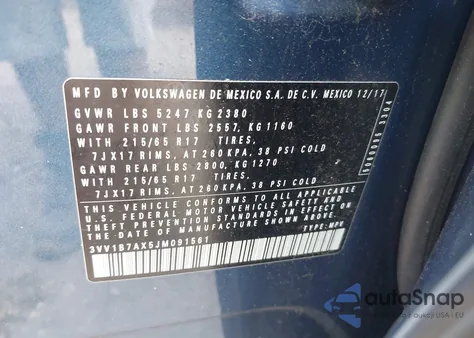 2018 Volkswagen Tiguan 2.0T S from USA, damaged, VIN 3VV1B7AX5JM091561